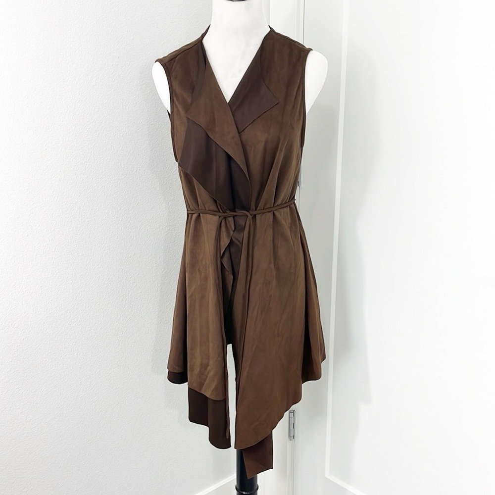Harlowe & Graham Small Brown Open Front Tie Faux Suede Midi Vest